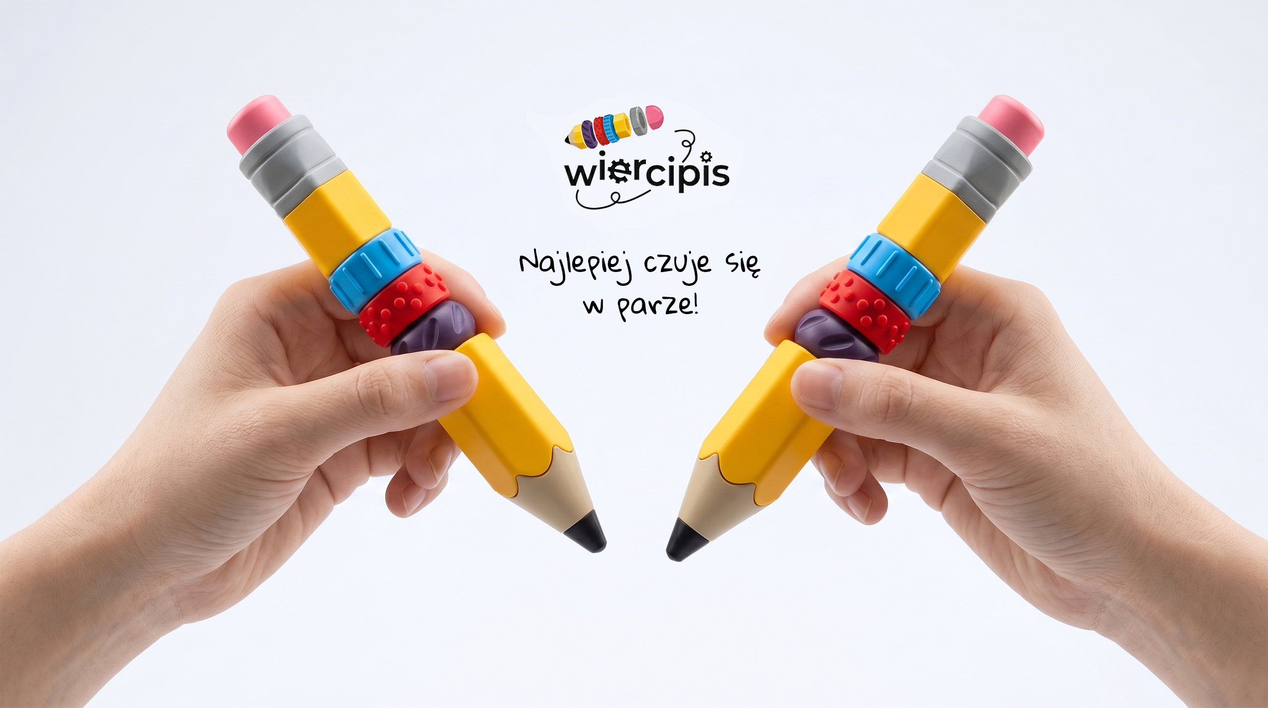 Dwie dłonie trzymające modułowe długopisy antystresowe Wiercipis oraz logo z napisem: Najlepiej czuje się w parze!